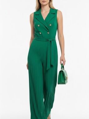 Women’s Green Pleated Wide Leg Jumpsuit Sleeveless Belted Gold Buttons XS